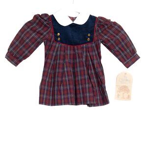 Vintage Childrens Size 12M Plaid Dress With Peter Pan Collar & Gold Buttons